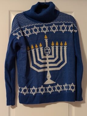 Joseph A Blue Turtleneck Menorah Sweater with White Stars and Yellow Flames